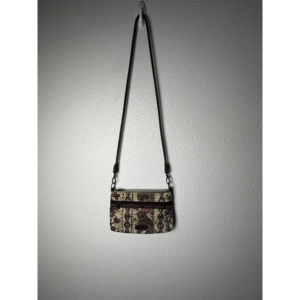 Sakroots Owl Floral Canvas Crossbody Bag Brown Braided Strap Small Boho Purse